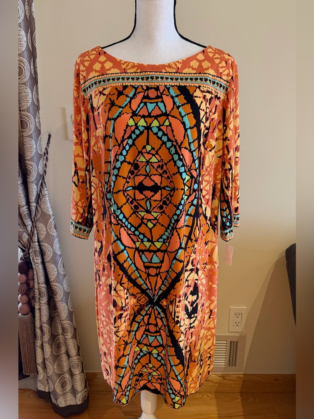 Beige by eci Orange Printed Long Sleeve Shift Dress with Turquoise Accents